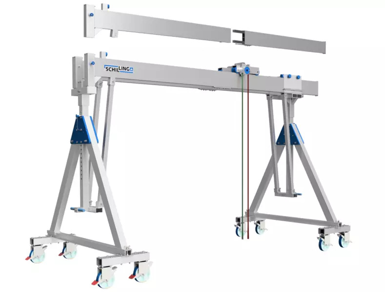 Portaalkraan, verrijdbaar onder last. Dubbelligger, uitgevoerd in aluminium. 01